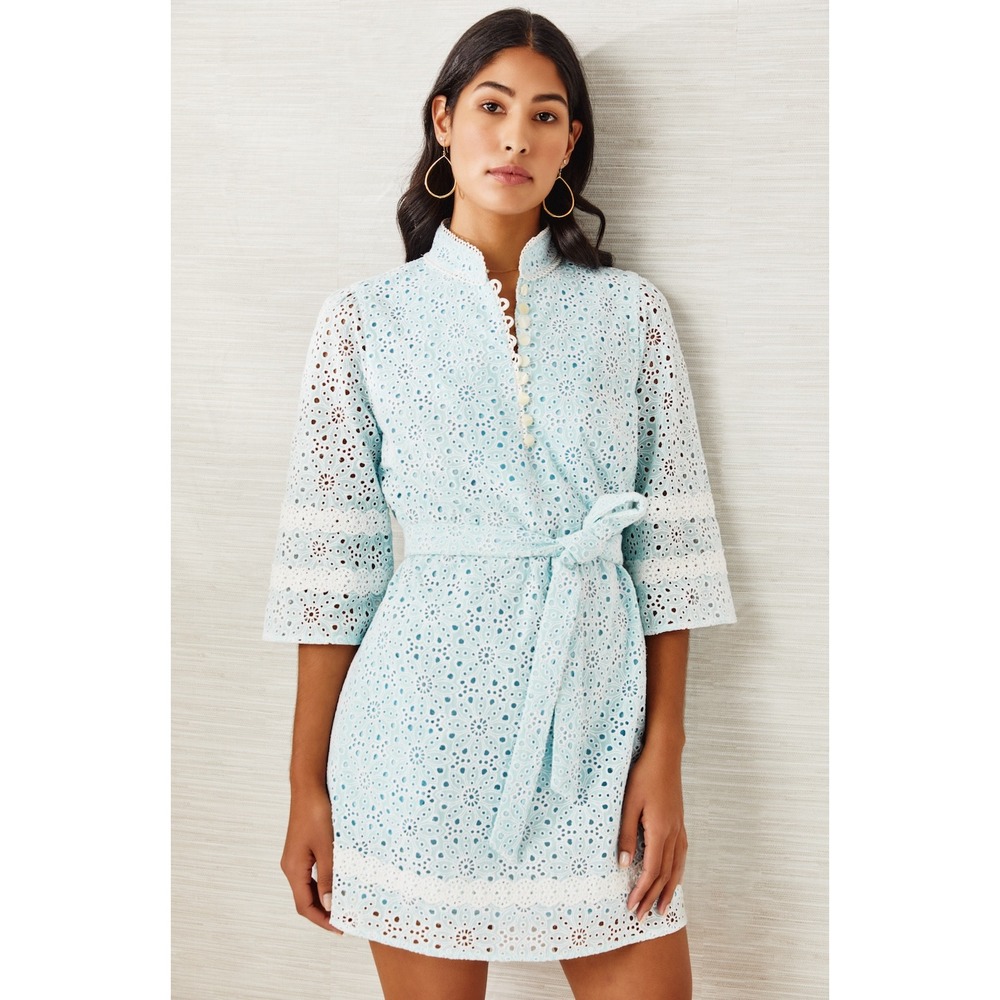 Cartolina Nantucket Sarah Eyelet Cotton Shirt Dress Medium Spun Sugar Blue